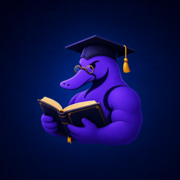 Purple platypus professor reading a book